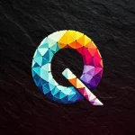 Polygonal rainbow-coloured Q logo on a dark textured background