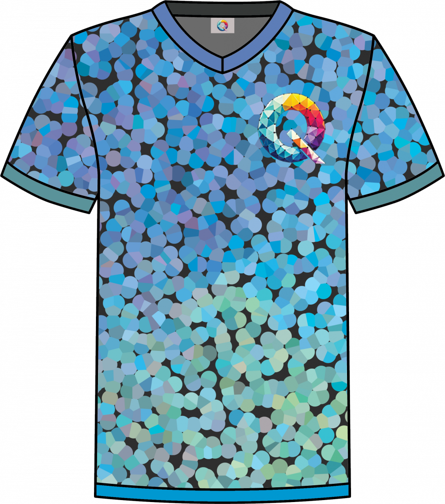 Light blue pixelated Qaledon Founder’s Collection NFT shirt with turquoise trim.