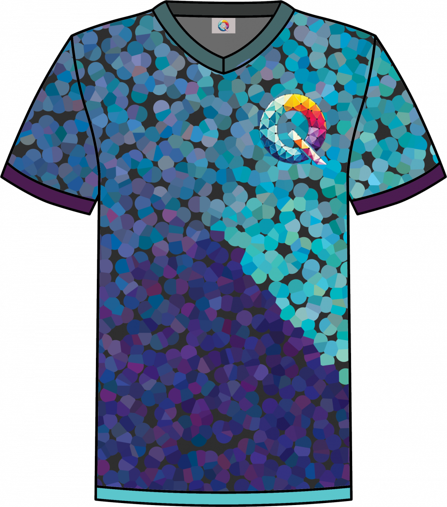 Blue and purple pixelated Qaledon Founder’s Collection NFT shirt with teal trim.