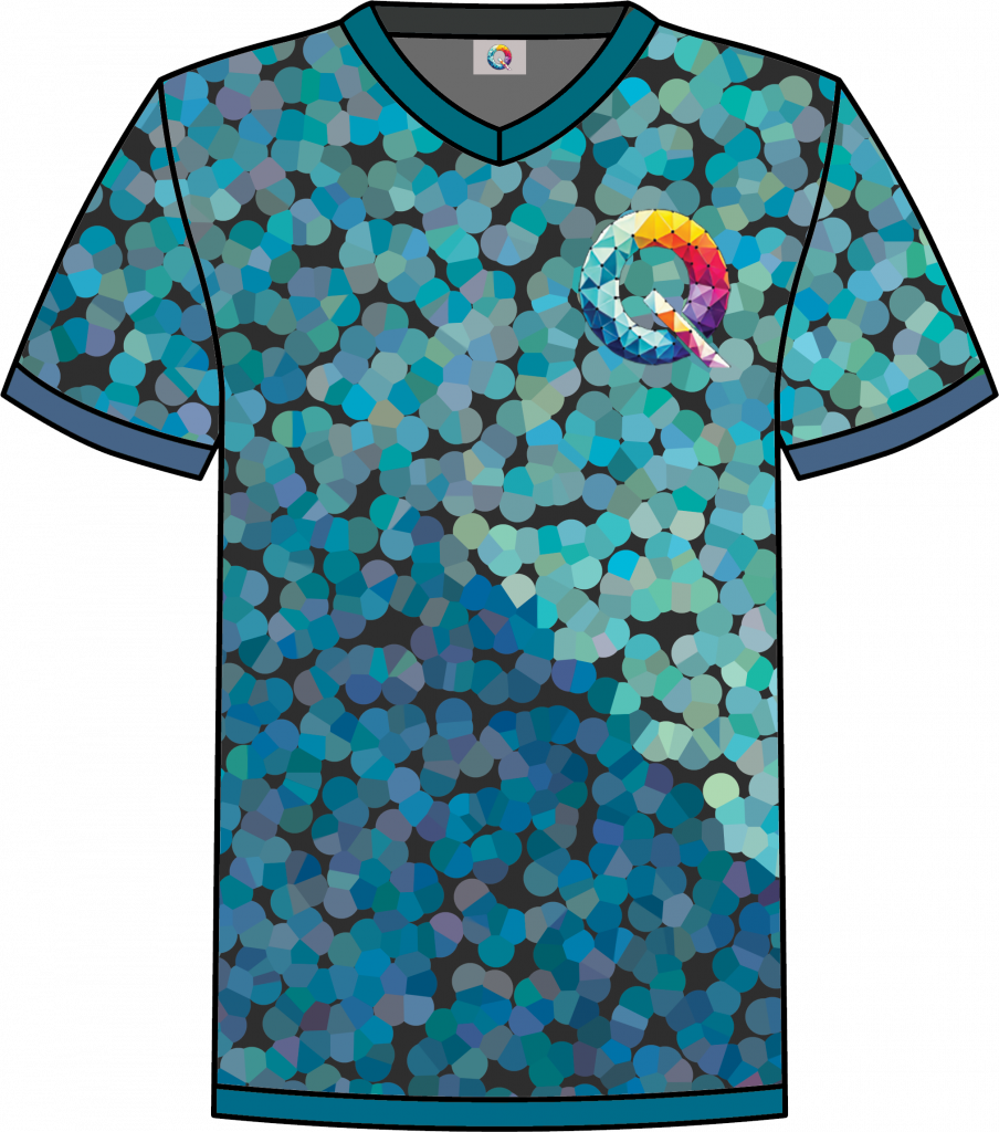 Blue and teal pixelated Qaledon Founder’s Collection NFT shirt with blue trim.