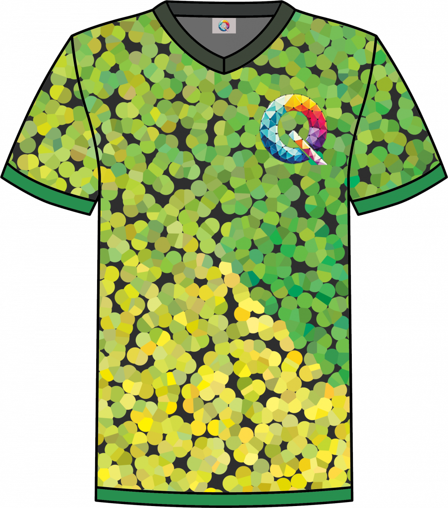 Green and yellow pixelated Qaledon Founder’s Collection NFT shirt with green trim.