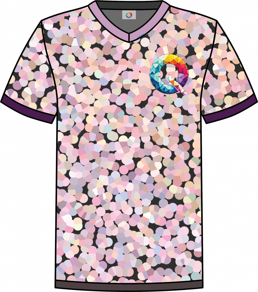 Pastel pink and lavender pixelated Qaledon Founder’s Collection NFT shirt with purple trim.
