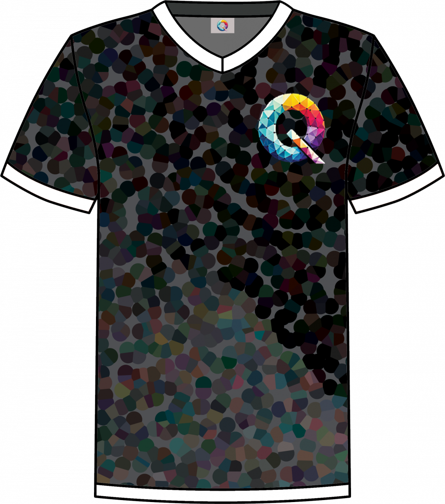 Black and dark multicolour pixelated Qaledon Founder’s Collection NFT shirt with white trim.