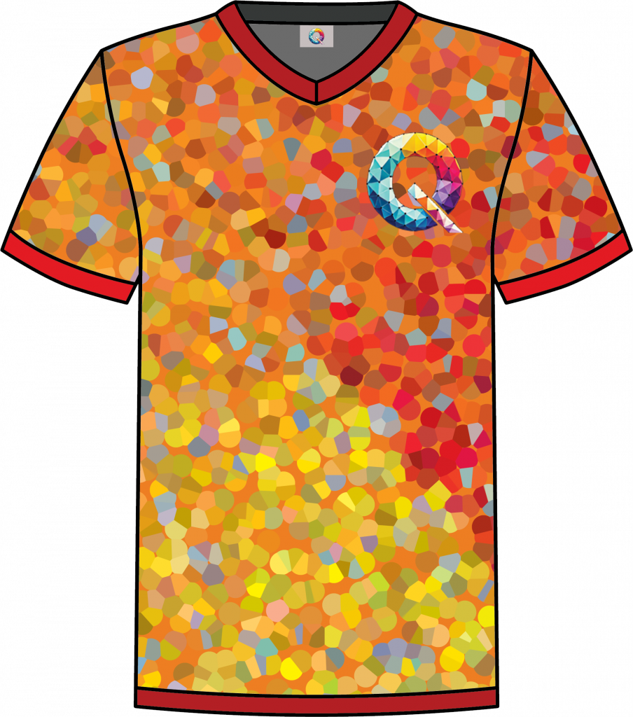 Orange and yellow pixelated Qaledon Founder’s Collection NFT shirt with red trim.