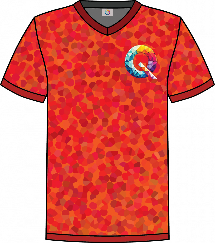 Red pixelated Qaledon Founder’s Collection NFT shirt with dark red trim.