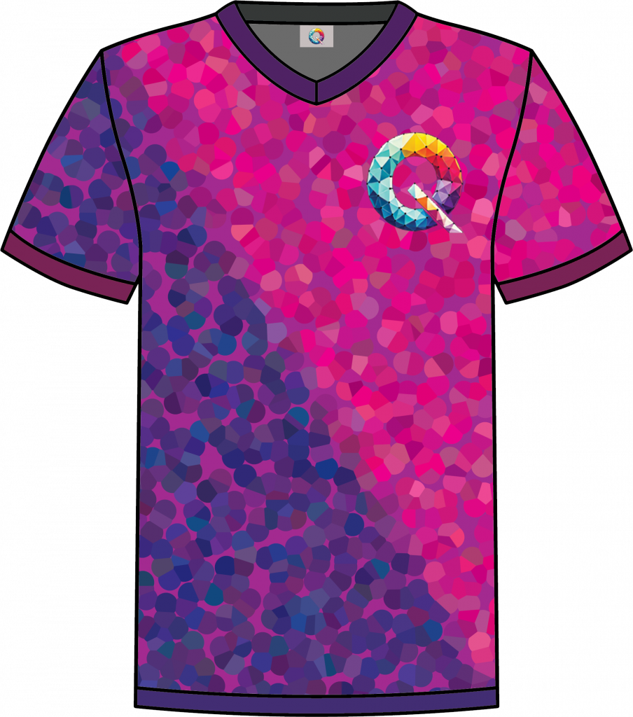 Fuchsia and purple pixelated Qaledon Founder’s Collection NFT shirt with purple trim.