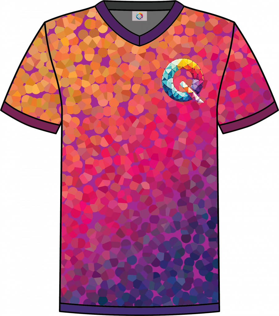 Pink, orange, and purple pixelated Qaledon Founder’s Collection NFT shirt with purple trim.