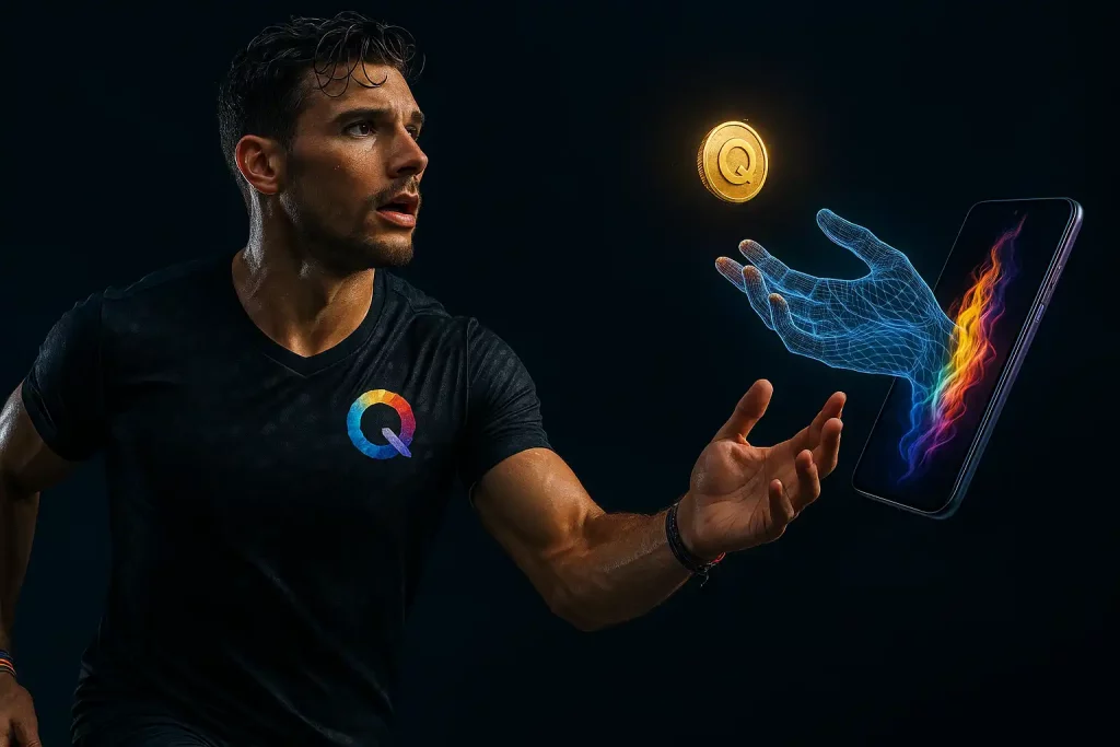 Sweaty runner in Qaledon shirt catching a glowing Q-coin from a holographic hand emerging out of a smartphone