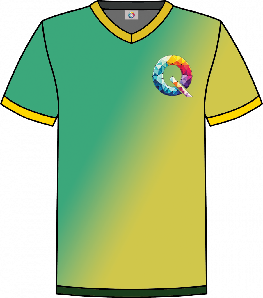 Green and yellow Qaledon Founder’s Collection NFT shirt with yellow trim, inspired by Brazilian national colours.