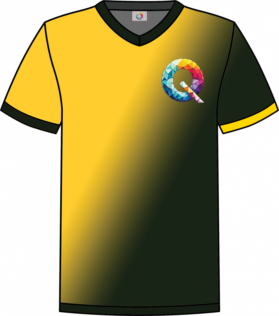 Yellow and dark green Qaledon Founder’s Collection NFT shirt with yellow trim, inspired by Australian national colours.